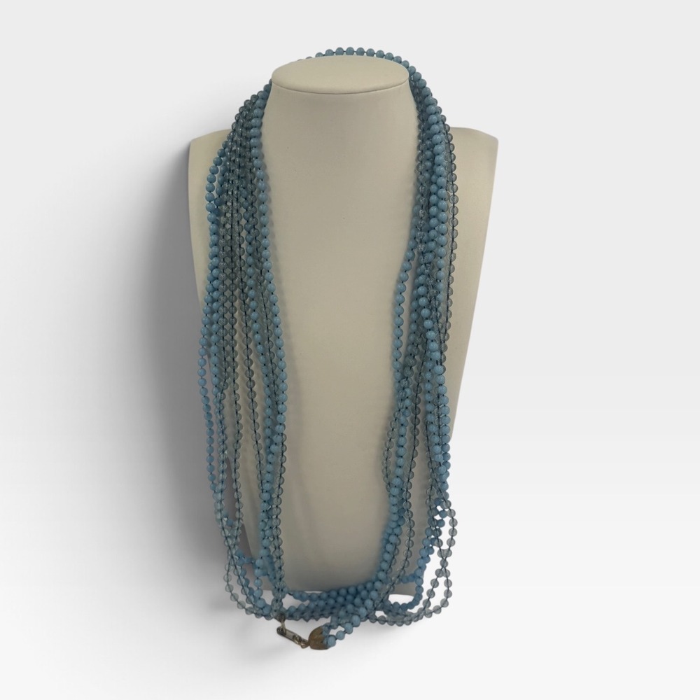 Vintage Multi Strand Blue Glass Bead Hand Knotted Necklace Layered Boho Y2K
